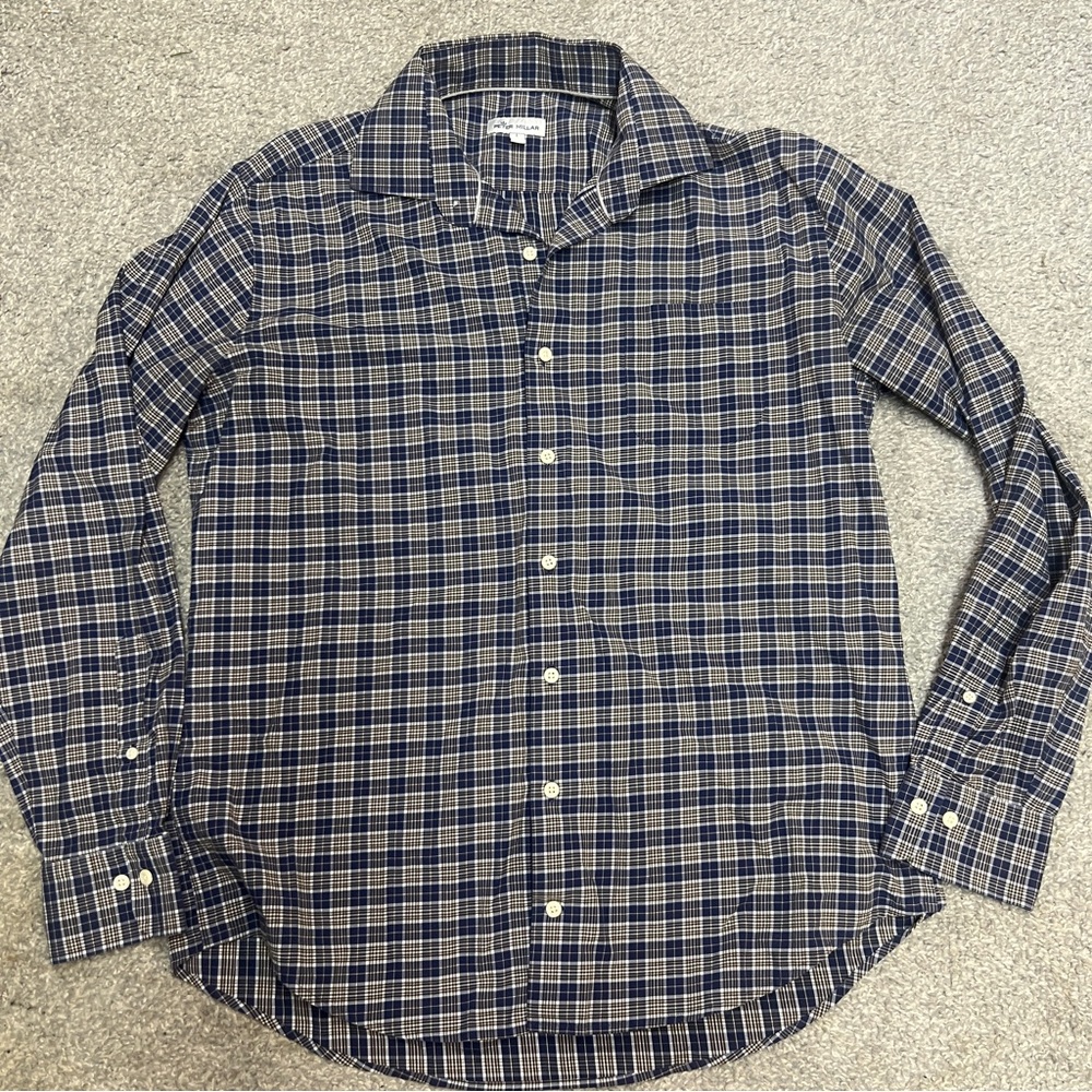 PETER MILLAR Shirt Mens Large Blue Brown Plaid Crown Holland Sport Button Up